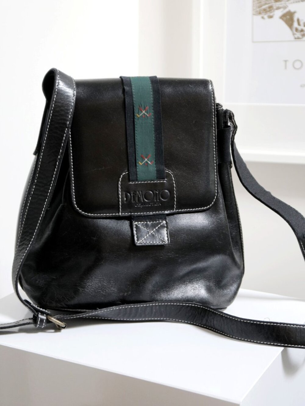 Vintage Black Leather Shoulder Flat Bucket Bag Demono Collection Preppy Stripe